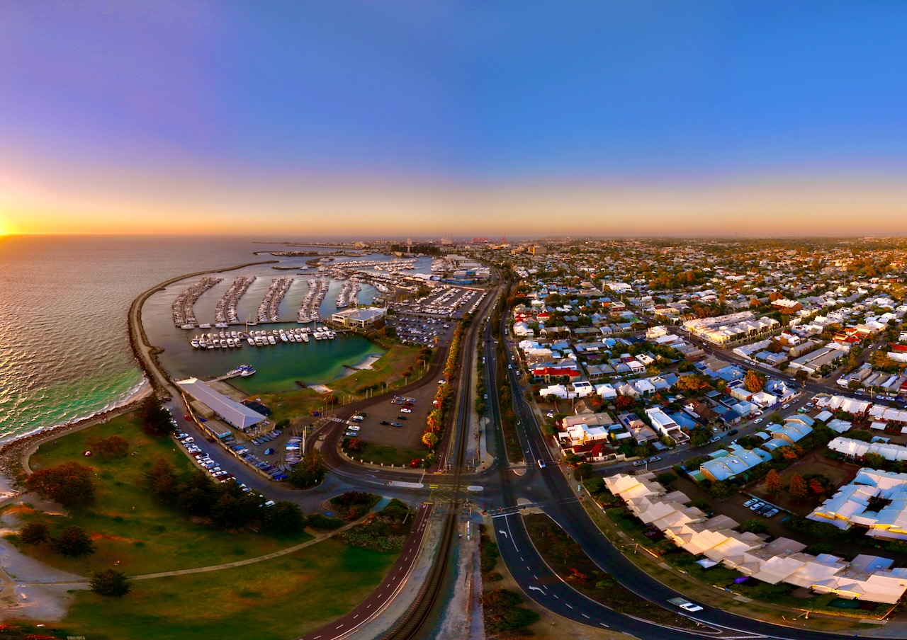 Wide aerial of Fremantle at sunset